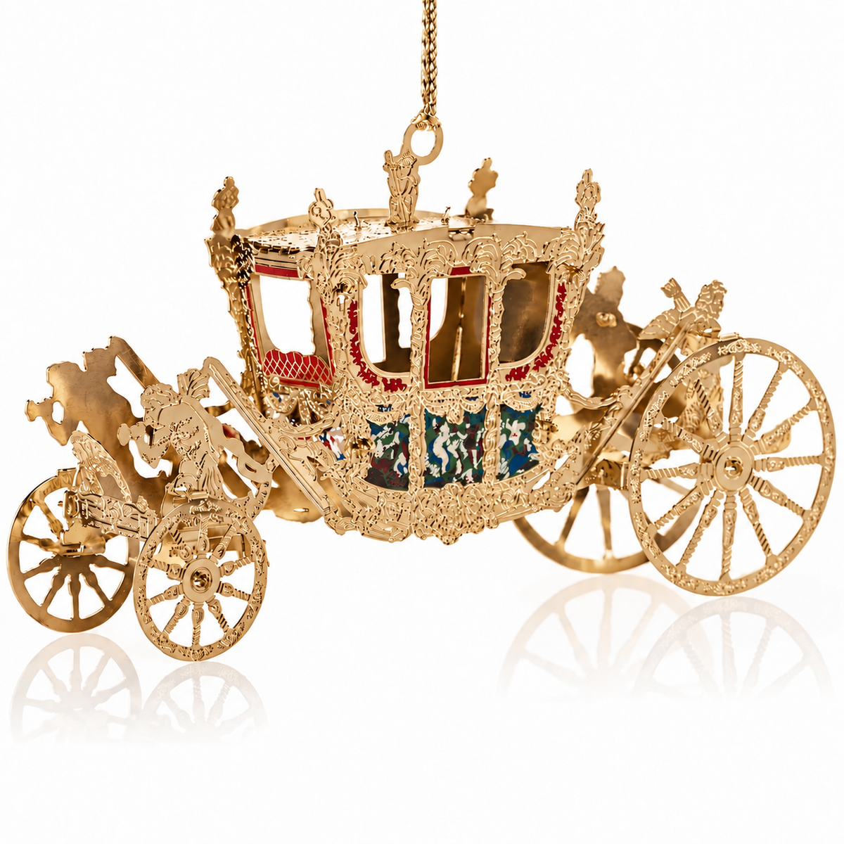 Handcrafted Gold State Coach Christmas Tree Ornament, featuring intricate 24-carat gold details. A stunning royal carriage replica by The London Christmas Company, perfect for adding British elegance to your festive decor.