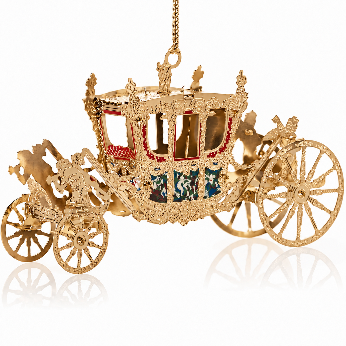 Handcrafted Gold State Coach Christmas Tree Ornament, featuring intricate 24-carat gold details. A stunning royal carriage replica by The London Christmas Company, perfect for adding British elegance to your festive decor.
