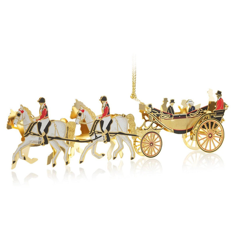 24-carat gold-finished Ascot Landau Horse-Drawn Carriage Christmas Ornament, hand-crafted and designed in London. This luxury keepsake features sculpted horses and the royal family seated in the historic Ascot Landau carriage, celebrating royal pageantry and British craftsmanship.