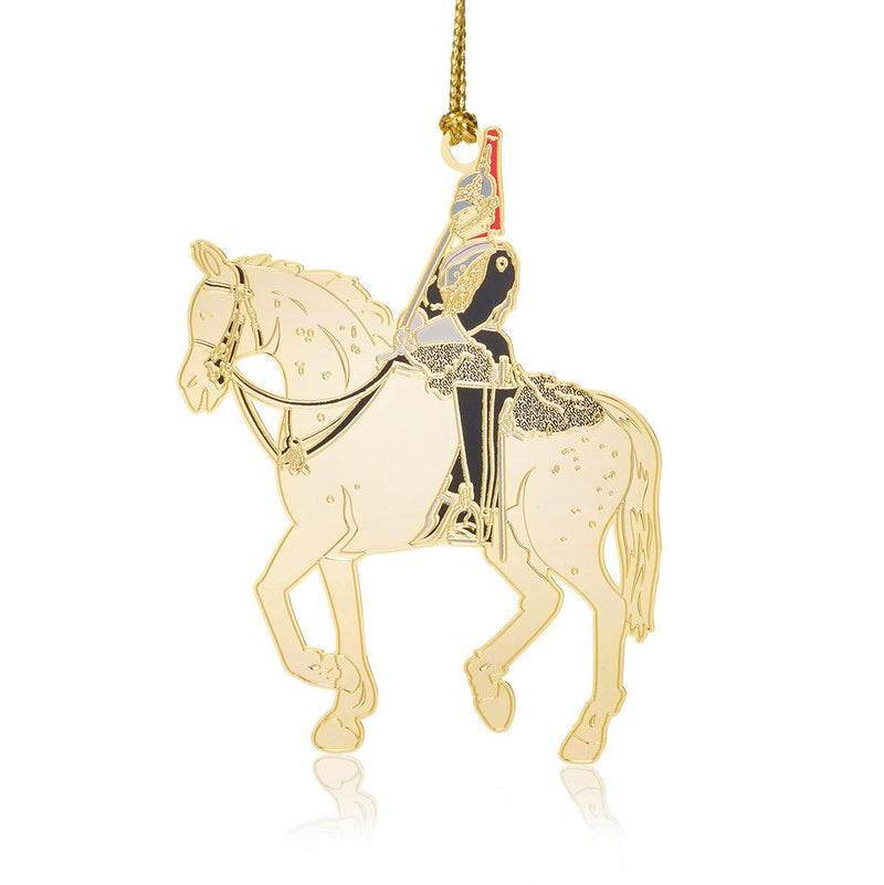 British Military Blues & Royals Christmas Ornament featuring a gold-finished, brass mounted horse and soldier in traditional uniform. A luxurious holiday decoration inspired by the historic British regiment.