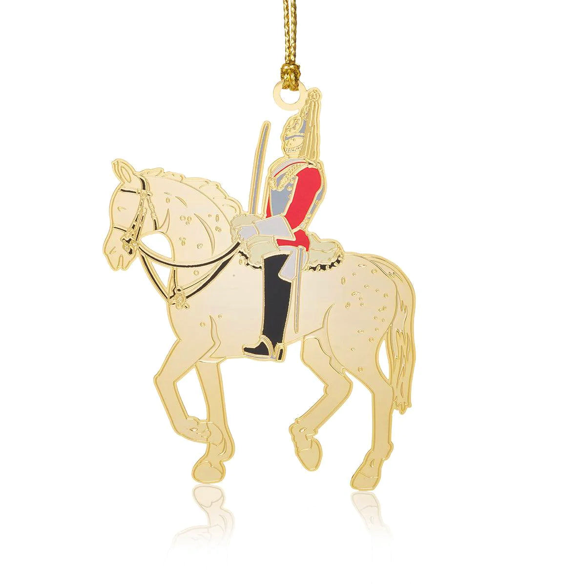 British Military King's Life Guard Christmas Ornament featuring a gold-finished, brass mounted horse and soldier in traditional uniform. A luxurious holiday decoration inspired by the historic British regiment.