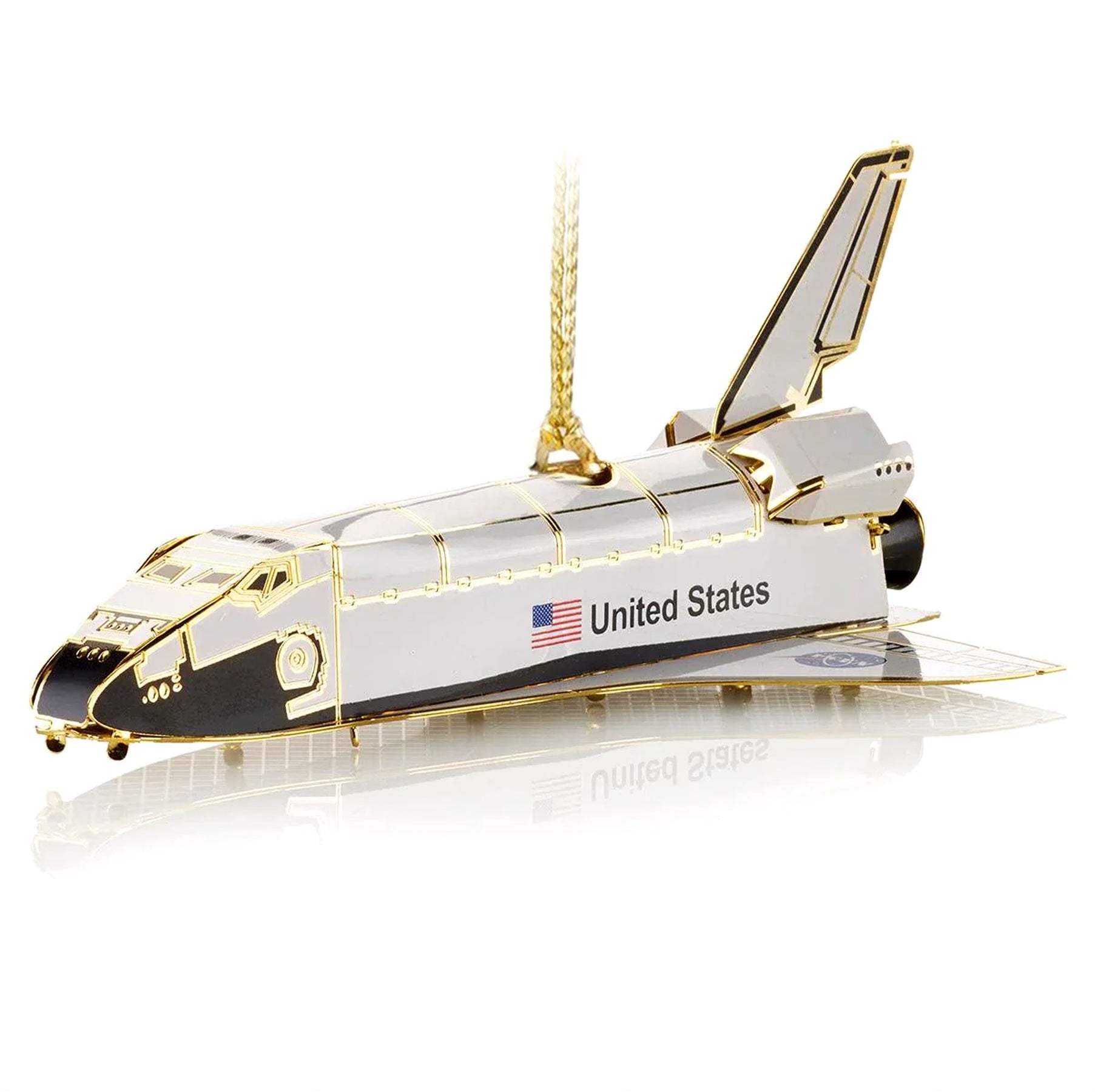 Handcrafted NASA Space Shuttle Christmas ornament by The London Christmas Company, featuring intricate 24-carat gold details, perfect for space enthusiasts and holiday décor.