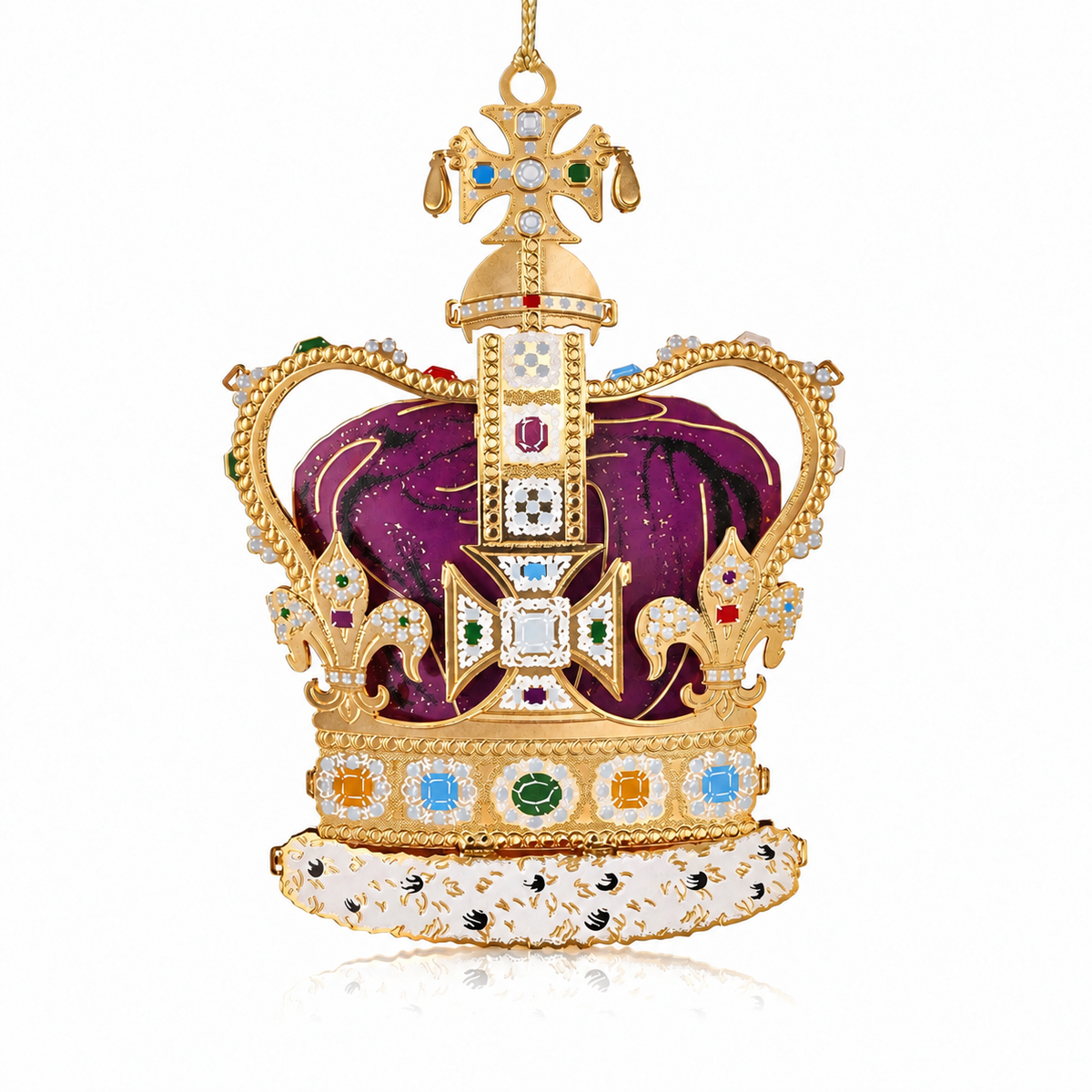 Handcrafted St Edward’s Crown Christmas Tree Ornament, intricate 24-carat gold detailing and vibrant screen printed colouring. A royal symbol of British heritage by The London Christmas Company.