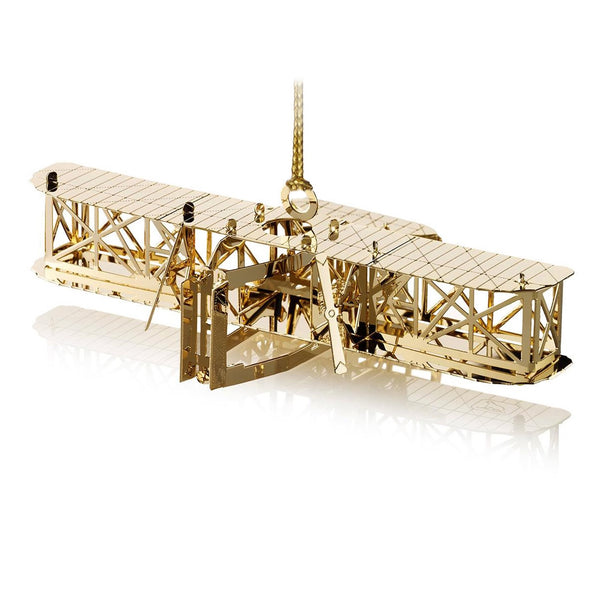 Handcrafted 24-carat gold finished Wright Brothers Flyer Christmas Tree Ornament by The London Christmas Company, celebrating the iconic first powered flight. A unique aviation-themed ornament perfect for adding history and elegance to your holiday decor.